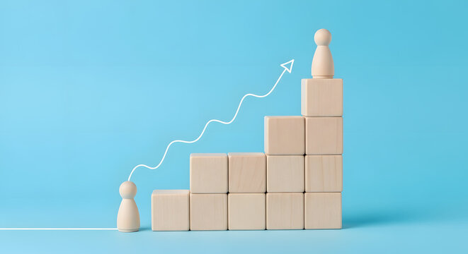 Wooden cubes building stairs, one person is standing at the bottom and the other men is standing on top, different positions