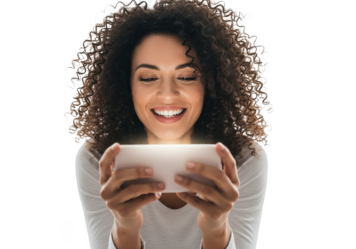 Smiling woman holding a smartphone isolated on transparent background