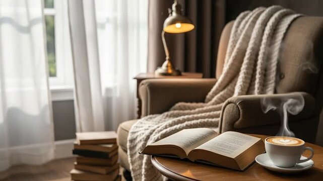 Cozy reading corner video with coffee, book, and copy space for relaxation or study content