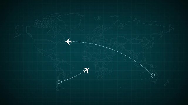 Blue glowing map of the world with flat animated airplanes and flight trajectories. Lot or arcs and lines, connecting points. Global air travel or business concept. world map air line animation.