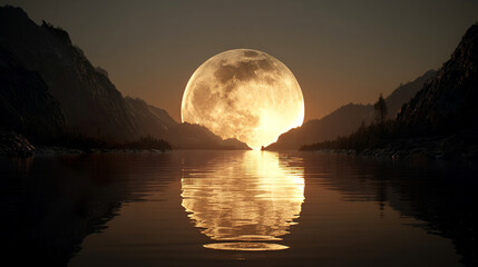 湖と山あいに沈む金色の巨大な月のイメージ風景