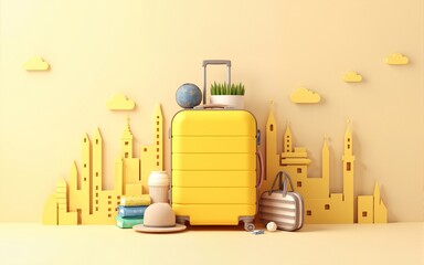 3D illustration of yellow luggage packed with travel items, set against a beige background with outlined tourist attractions. High quality