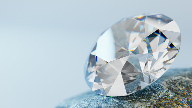 brilliant luxury diamond resting on a rough stone, macro close-up with copy space on a light background. 3d rendering