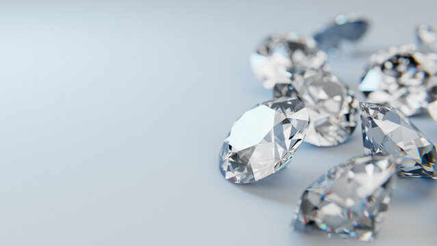 group of brilliant cut diamonds scattered on a light blue surface with copy space for text. 3d rendering