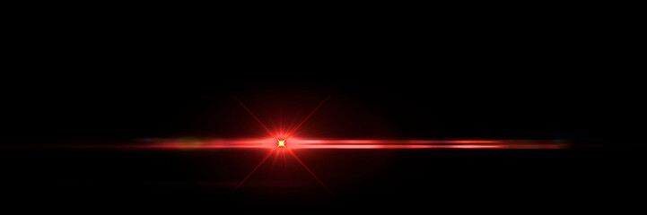 Red light beam with sparkling lens flare effect illuminating horizontally, radiating energy and brilliance