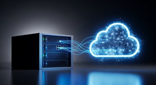 Server rack connected to glowing digital cloud data center