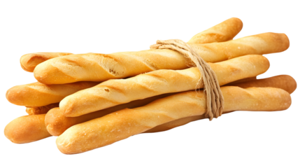 A bundle of freshly baked baguettes tied with twine isolated on transparent background