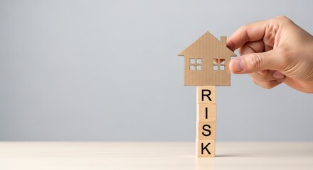 House risk concept Hand holding a paper house on top of wooden blocks with 'RISK'