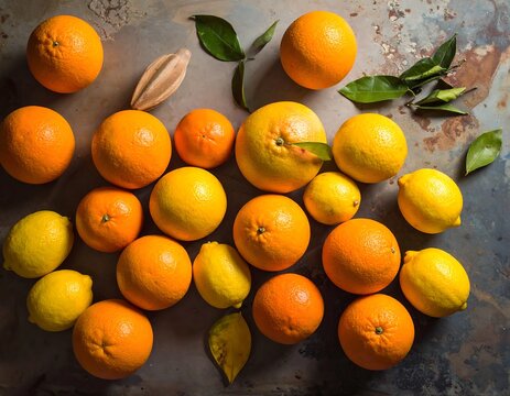 Overhead arrangement of citrus fruits, including oranges and lemons
