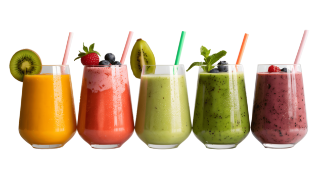 Row of colorful smoothies isolated on transparent background