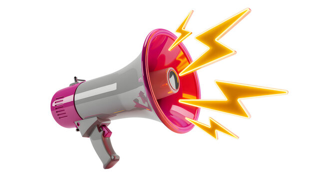 Pink and gray megaphone with lightning isolated on transparent background