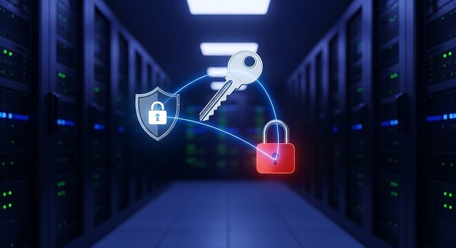 Digital security symbols in data center server room