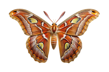 Intricate atlas moth with detailed wing patterns isolated on transparent background