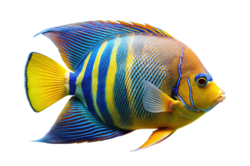 Vibrant queen angelfish with striking blue yellow and purple stripes isolated on transparent background
