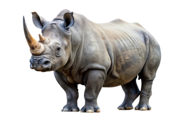 Majestic black rhinoceros standing proudly with a prominent horn isolated on transparent background