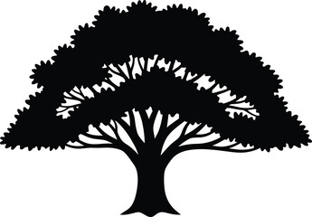 Beautiful wide oak tree silhouette vector illustration with detailed branches and leaves, perfect for eco design, nature, and environment projects