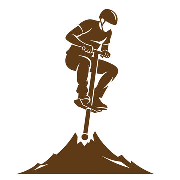 Silhouette of a person bouncing on a pogo stick over a mountain in vintage art style