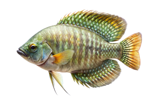 A detailed illustration of a colorful freshwater bluegill sunfish swimming isolated on transparent background