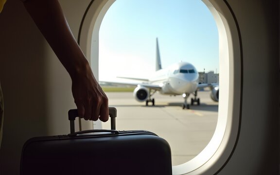 View through the porthole of aircraft. Passenger plane parked on the runway. Woman holding a suitcase in her hand close-up. Perfect vetor background on the theme of season vacation, weekend, travel.
