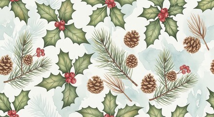 Watercolor Christmas pattern, holly leaves, pine branches, and berries