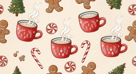 Seamless pattern with gingerbread cookies, candy canes, and mugs of cocoa