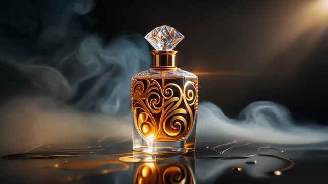 Opulent luxury perfume bottle with ornate gold filigree and a crystal diamond cap, on a dramatic, smoky background with golden light.