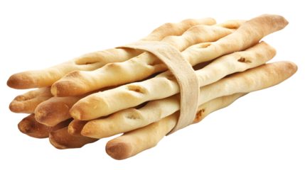 A bunch of grissini breadsticks tied with ribbon isolated on transparent background, ready to eat