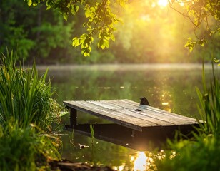 Wooden dock extends into still water reflecting golden sunlight