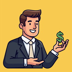 Vector illustration of a cheerful manager or banker in a suit holding a green dollar symbol, representing business success and financial growth