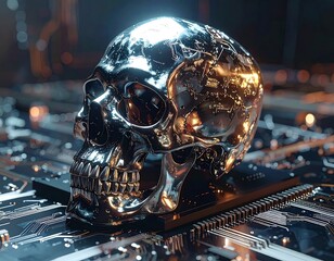 Polished metal skull rests on a circuit board, glowing brightly