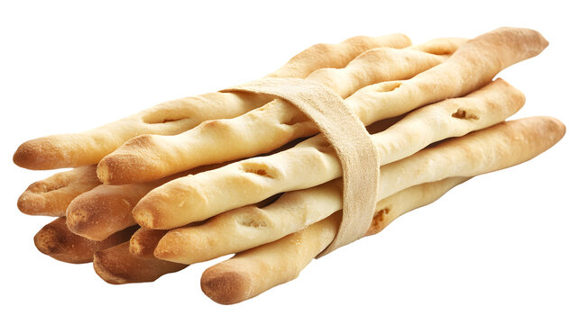 A bunch of grissini breadsticks tied with ribbon isolated on transparent background, ready to eat