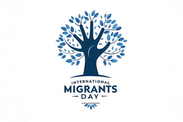 International Migrants Day Logo Featuring Blue Tree And Raised Hand Symbol

