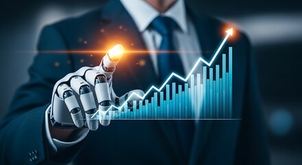 Robotic hand pointing at upward trending graph robot hand