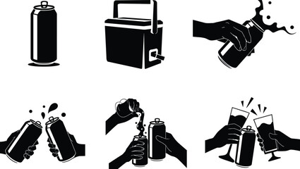 Beer can silhouette vector illustration showing hands holding, pouring, and cheering drinks with cooler box for celebration and refreshment concept.