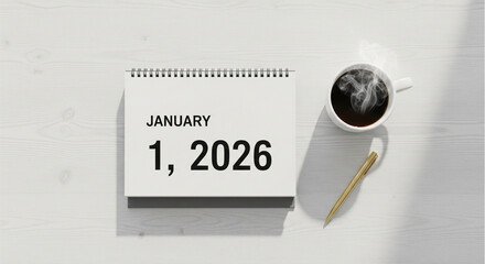 January 1, 2026 calendar flat lay with hot coffee on white wood table. New Year's Day concept for resolutions, goals, and planning.