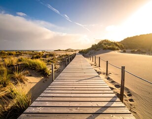 Wooden walkway extends through sand dunes towards ocean under a bright sky