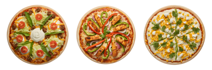 Three pizzas with different toppings isolated on transparent background