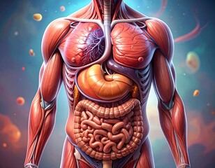 Anatomical illustration of human body, depicting internal organs