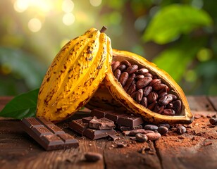 Yellow cocoa pods alongside dark chocolate bars and roasted beans on wood