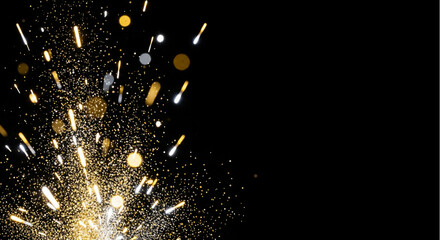 Golden glitter explosion with sparkling bokeh on black background. Elegant design for New Year's Eve, party, or luxury concepts. Ample copy space.