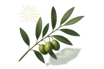 Olive branch bearing green olives, a symbol of peace and hope, with sun and cloud on transparent background