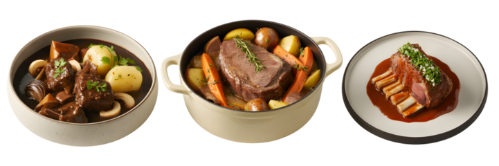 Three plates of meat isolated on transparent background