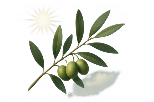 Olive branch bearing green olives, a symbol of peace and hope, with sun and cloud on transparent background