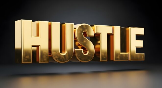 A bold and shiny 3D gold text spelling out the word 'HUSTLE' against a dark background, symbolizing determination, effort, and hard work in a modern style