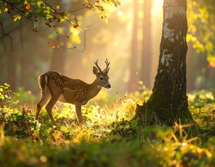 Young deer standing near a birch tree with dappled sunlight