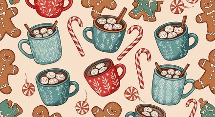 Seamless pattern with gingerbread cookies, candy canes, and mugs of cocoa