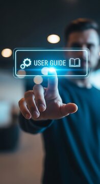 Man touches digital user guide interface finger touching