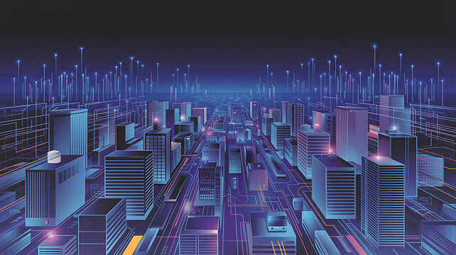 Abstract Digital Cityscape with Blue and Purple Geometric Buildings stock - Powered by Adobe