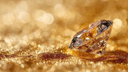 Obraz premium Dazzling Diamond Gem on a Sparkling Golden Surface Capturing Light Reflections and Glittering Bokeh Background