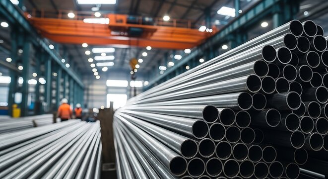 Metal pipes stacked in industrial warehouse steel tubes - Powered by Adobe